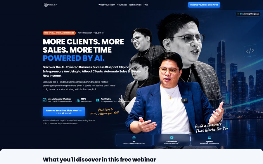 Landing page screenshot: winner circle webinar page