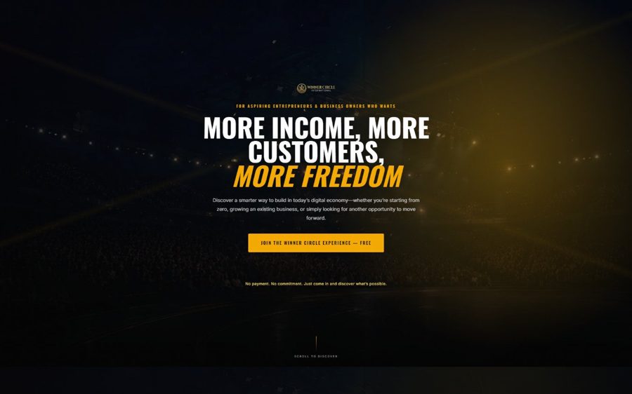 Landing page screenshot: winner circle experience